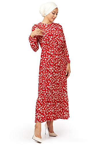 fashionByShe - Vestido maxi con estampado floral - Cuello redondo - Manga larga - Abaya - Tesetura - Vestido musulmán e islámico. rojo 44