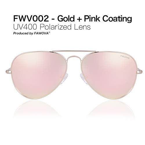fawova Gafas Mujer Aviador Polarizadas Con Lent Rosa Oro Espejado,Montura de Metal Oro con Puntas De Cristal Rosa,Conducir, Pescar, Golf, Correr,UV400,Cat.3 58mm(Oro, Rosa Babbi)
