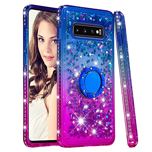 FAWUMAN Funda Samsung Galaxy S10+/S10 Plus con Anillo Soportee,Silicona Purpurina Carcasa,Transparente Antichoque Cristal Bumper Telefono Fundas Case Cover