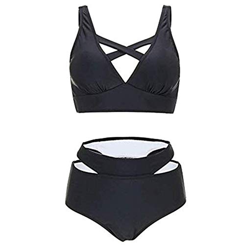 FeelinGirl Cruz Estilo Marino Dos Piezas Conjunto de Bikini para Mujer Traje de Baño Sexy Cruzado-Negro L:Talla-42