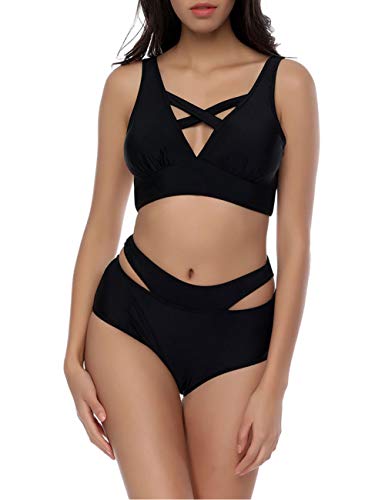 FeelinGirl Cruz Estilo Marino Dos Piezas Conjunto de Bikini para Mujer Traje de Baño Sexy Cruzado-Negro L:Talla-42