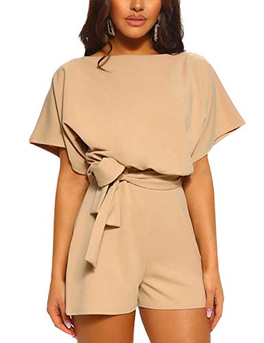 FeelinGirl Mono Corto para Mujer de Talle Alto Escote Traje de Pantalón Suelto con Cinturilla Caqui L