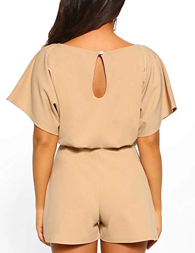 FeelinGirl Mono Corto para Mujer de Talle Alto Escote Traje de Pantalón Suelto con Cinturilla Caqui L