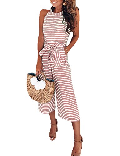 FeelinGirl Mono Largo Mujer Verano O Jumpsuit Cintura Alta con Bosillo Cuello Redondo Rojo XXL