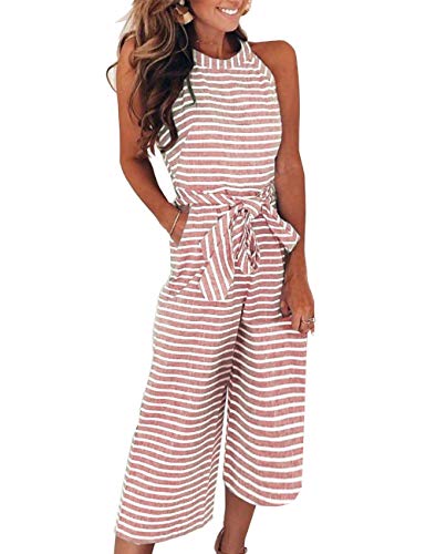 FeelinGirl Mono Largo Mujer Verano O Jumpsuit Cintura Alta con Bosillo Cuello Redondo Rojo XXL