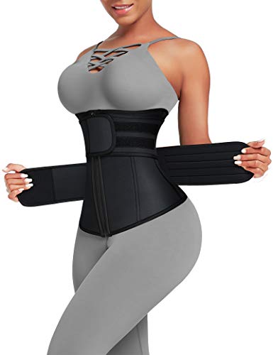 FeelinGirl Mujer Neopreno Corsé Lumbar con 7 Huesos Aceros Faja Reductora Postparto con Cremallera y Velcro Waist Trainer Deportivo Negro 5XL/Talla 54