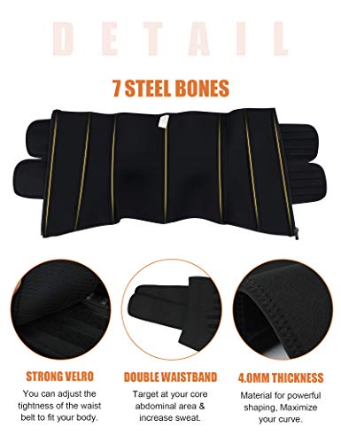 FeelinGirl Mujer Neopreno Corsé Lumbar con 7 Huesos Aceros Faja Reductora Postparto con Cremallera y Velcro Waist Trainer Deportivo Negro 5XL/Talla 54