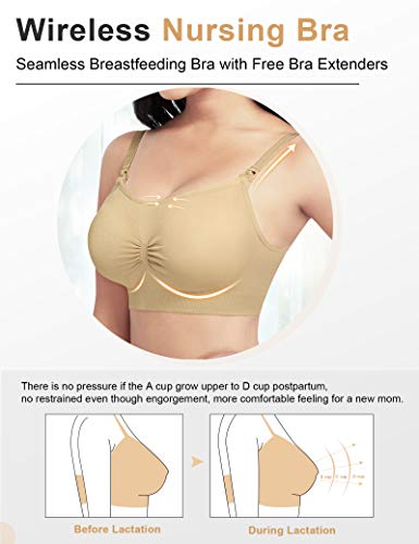 FeelinGirl Sujetador de Maternidad para Mujer sin Hilo ni Costura para Lactancia Conjuntos de Lencería M Negro+Beige/2 Piezas 70A-75E