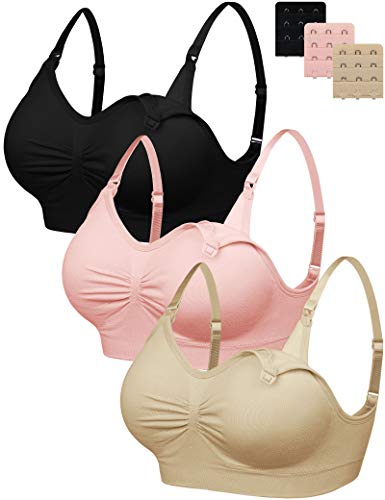 FeelinGirl Sujetador de Maternidad para Mujer sin Hilo ni Costura para Lactancia Conjuntos de Lencería XL Negro+Beige+Rosa/3 Piezas 90A-95E