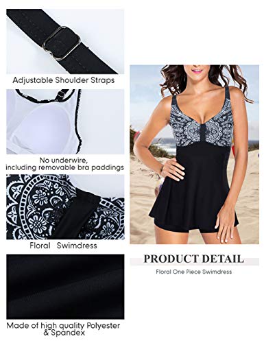 FeelinGirl Traje de Baño de 1 Pieza - Mujeres Tankini Vestido Estampado Floral Talla Grande Bañador Tirantes Ajustables Negro M:Talla-40