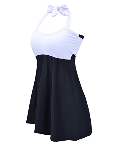 FeelinGirl Vestido de Traje de Baño Hálter Una Pieza Talla Grande con Pantalones Seguros para Mujer Blanco-Negro M(Talla 38-40)
