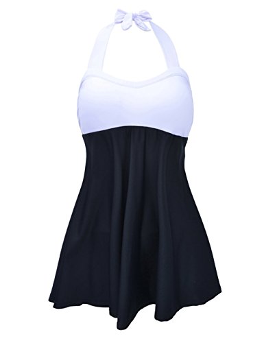 FeelinGirl Vestido de Traje de Baño Hálter Una Pieza Talla Grande con Pantalones Seguros para Mujer Blanco-Negro M(Talla 38-40)