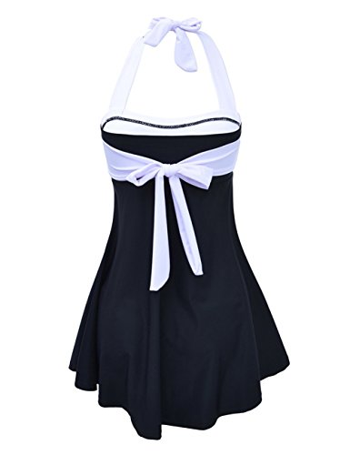 FeelinGirl Vestido de Traje de Baño Hálter Una Pieza Talla Grande con Pantalones Seguros para Mujer Blanco-Negro XL(Talla 42-44)