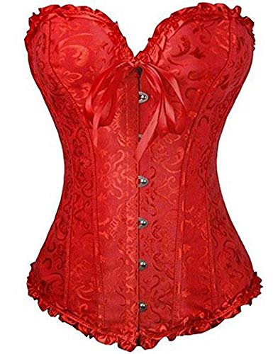 FeelinGirl Vintage Brocado Encaje con Cremallera y Cinta Ajustable Corsé para Mujer Rojo 3XL/ES 44