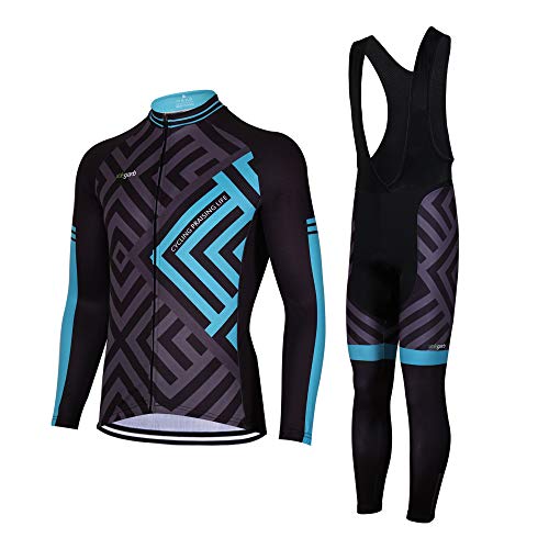 Feilaxleer Ropa Ciclismo Otoño/Invierno/Primavera para Hombre y Mujer - Ciclismo Maillot MTB de Manga Larga y Culotte Pantalones Acolchado 3D (Azul,XL)