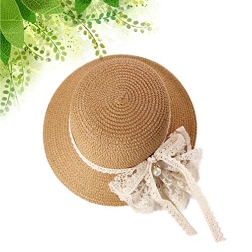 FENICAL Niñas niños Sombrero de Paja Protección Solar Sombrero Sombrero de Playa Sombreros de Verano con Encaje y moño (Caqui)