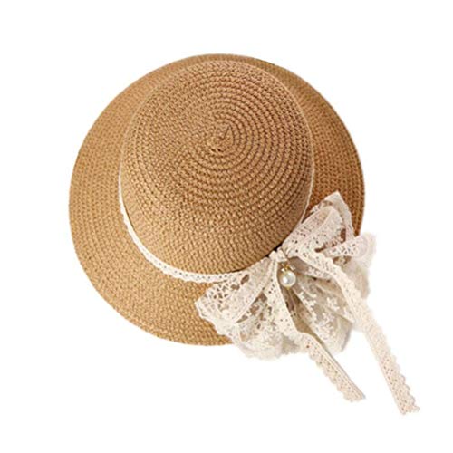 FENICAL Niñas niños Sombrero de Paja Protección Solar Sombrero Sombrero de Playa Sombreros de Verano con Encaje y moño (Caqui)