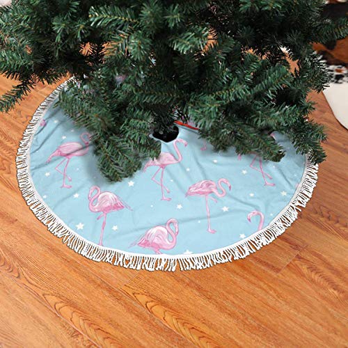 FENTINAYA Falda de árbol de Navidad con borlas, Alfombrillas de Falda de árbol con diseño de patrón de Flamenco para decoración Festiva (36 Pulgadas)