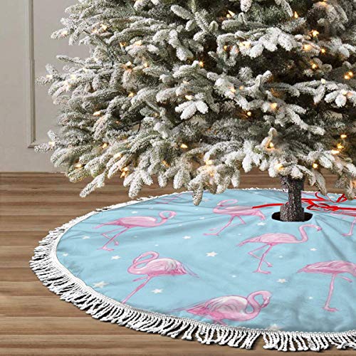 FENTINAYA Falda de árbol de Navidad con borlas, Alfombrillas de Falda de árbol con diseño de patrón de Flamenco para decoración Festiva (36 Pulgadas)