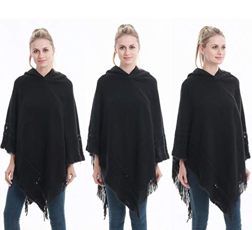 FEOYA - Mujer Ponchos Invierno Otoño Capa de Chal Chaqueta de Punto con Capucha Termica Flecos Huecos Elegante Cárdigan Talla Grande