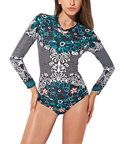 FEOYA - Mujer Ropa de Baño Estampado de Flores para Natación Surf Playa Push Up Bañador de Una Pieza Manga Larga para Deportes Acuáticos Verde - Talla XL/ES 40