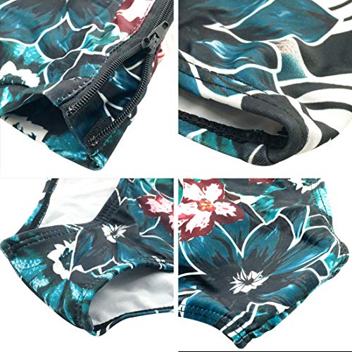 FEOYA - Mujer Ropa de Baño para Surf Playa Traje de Natación Estampado de Flores Bañador de Una Pieza Elástico Manga Corta para Deportes Acuáticos Verde - Talla XL/ES 40