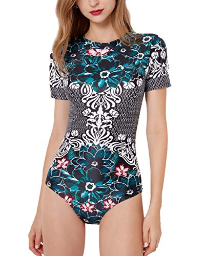 FEOYA - Mujer Ropa de Baño para Surf Playa Traje de Natación Estampado de Flores Bañador de Una Pieza Elástico Manga Corta para Deportes Acuáticos Verde - Talla XL/ES 40