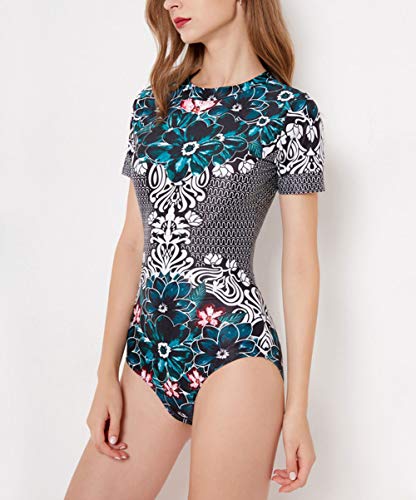 FEOYA - Mujer Ropa de Baño para Surf Playa Traje de Natación Estampado de Flores Bañador de Una Pieza Elástico Manga Corta para Deportes Acuáticos Verde - Talla XL/ES 40