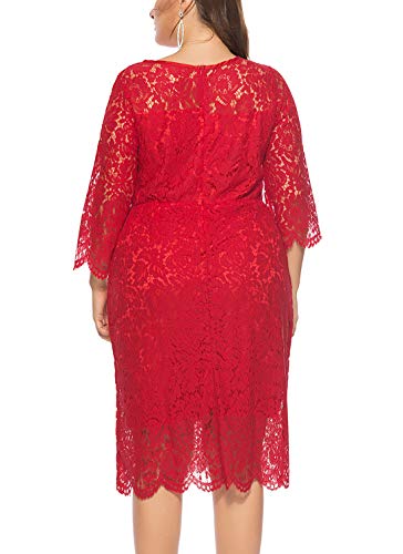 FEOYA - Mujer Vestido de Noche Encaje Cuello Redondo para Ceremonia Boda Viaje Falda Larga de Dama de Honor con Manga 3/4 Talla Extra Grande Rojo - Talla 3XL/ES 54