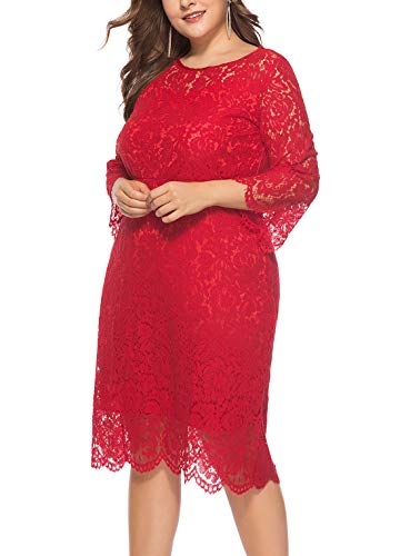 FEOYA - Mujer Vestido de Noche Encaje Cuello Redondo para Ceremonia Boda Viaje Falda Larga de Dama de Honor con Manga 3/4 Talla Extra Grande Rojo - Talla 3XL/ES 54