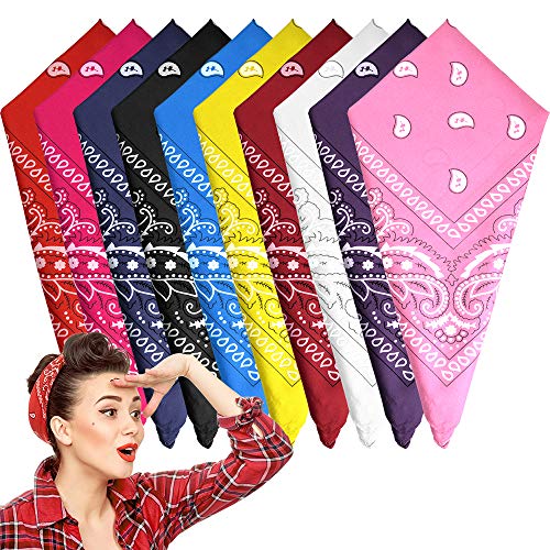 FEPITO 10 Piezas Paisley Bandanas Pañuelos de Vaquero Surtidos Unisex Novedad Estampado de la Cabeza Envoltura Bufanda Pulsera para Adultos y niños (10 Colores)