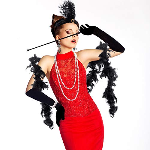 FEPITO 9 Piezas 1920s Accesorios Set Flapper Headband Collar Pendientes Guantes Negros Largos Boa Cigarette Holder Gran Gatsby Theme Party Accessories para Mujeres （Set G）