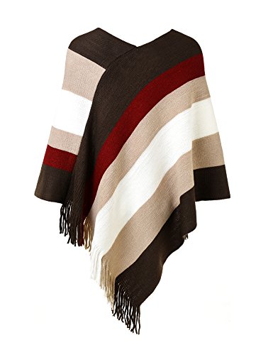 Ferand Poncho de Las Mujeres suéter de Punto de Diseño Envolvente con Flecos, Marrón & Beige
