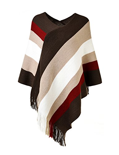 Ferand Poncho de Las Mujeres suéter de Punto de Diseño Envolvente con Flecos, Marrón & Beige