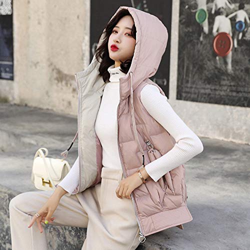 FFFZW Plumas Chaquetas Sin Mangas Mujer,Calentar Down Coat Moda Capucha Chaleco Acolchado Ligero Corto Grueso Zip Gilet para Damas Niñas Subir Al Aire Libre En Invierno Travel,Rosa,L