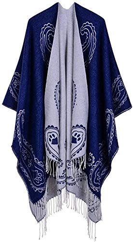 FFLQWQ0 Bufanda Borla de moda Otoño Invierno Diseñador Bufanda azul marino Mujeres Clásico Estilo nacional Cachemira Mantón cálidoMantener calienteacogedor Abrigos largos