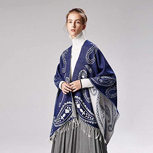 FFLQWQ0 Bufanda Borla de moda Otoño Invierno Diseñador Bufanda azul marino Mujeres Clásico Estilo nacional Cachemira Mantón cálidoMantener calienteacogedor Abrigos largos