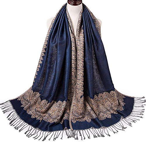 FFLQWQ0 Bufanda sedaMantener calientealgodón mezclado, bufanda azul marino, chal, gorra, estola, cabeza de jacquard, bufandas cálidas, borlas, largas, grandes, finas, clásicas de moda