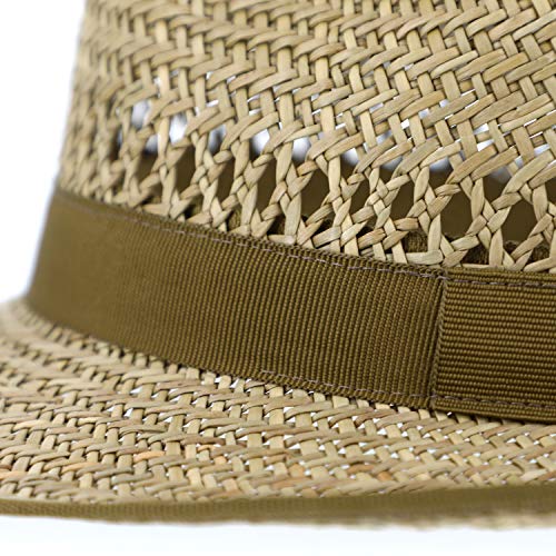 fiebig Bogart Sombrero de Paja para Mujeres y Hombres | Sombrero de Verano con Cinta y Borde | Sombrero para el Sol con ala Ancha | Fedora Made in Italy | En Color Natural