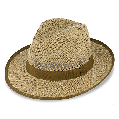 fiebig Bogart Sombrero de Paja para Mujeres y Hombres | Sombrero de Verano con Cinta y Borde | Sombrero para el Sol con ala Ancha | Fedora Made in Italy | En Color Natural