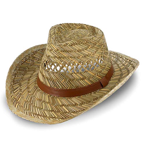 fiebig Sombrero de Paja Australiano para Hombre y Mujer | Sombrero de Vaquero para el Sol | Sombrero Occidental con Cinta de Imitation a Cuero | Sombrero de Cowboy con Borde Cosido (56-M)