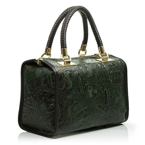 FIRENZE ARTEGIANI. Catena Bolso Tote Mujer.Piel auténtica Gamuza Grabado Arabesco .Made in Italy. Vera Pelle Italiana.31x16x26 cm. Color: Verde Oscuro