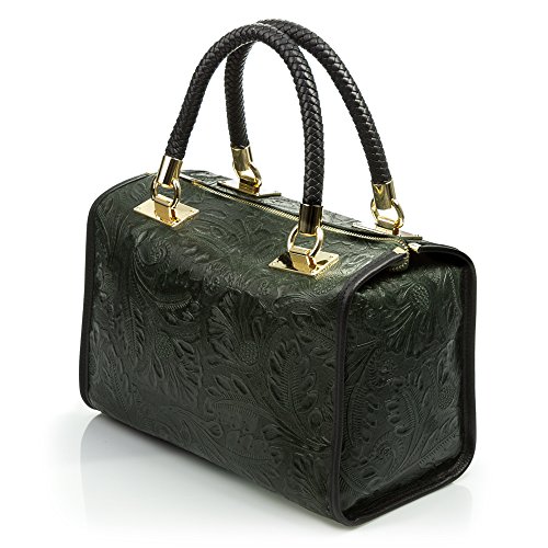 FIRENZE ARTEGIANI. Catena Bolso Tote Mujer.Piel auténtica Gamuza Grabado Arabesco .Made in Italy. Vera Pelle Italiana.31x16x26 cm. Color: Verde Oscuro