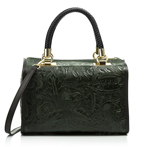 FIRENZE ARTEGIANI. Catena Bolso Tote Mujer.Piel auténtica Gamuza Grabado Arabesco .Made in Italy. Vera Pelle Italiana.31x16x26 cm. Color: Verde Oscuro