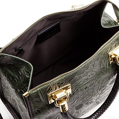 FIRENZE ARTEGIANI. Catena Bolso Tote Mujer.Piel auténtica Gamuza Grabado Arabesco .Made in Italy. Vera Pelle Italiana.31x16x26 cm. Color: Verde Oscuro