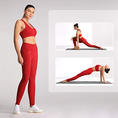 FITTIN Leggings de yoga para mujer, cintura alta, con bolsillos, opacos, para correr, deportes, entrenamiento, fitness rojo oscuro M