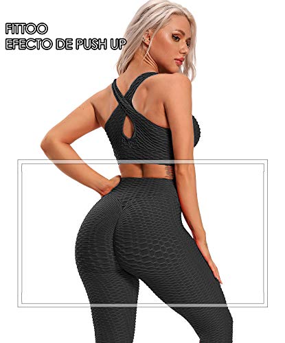 FITTOO Leggings Push Up Mujer Mallas Pantalones Deportivos Alta Cintura Elásticos Yoga Fitness Negro L