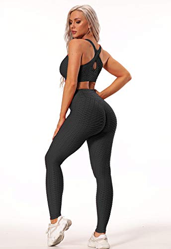 FITTOO Leggings Push Up Mujer Mallas Pantalones Deportivos Alta Cintura Elásticos Yoga Fitness Negro M