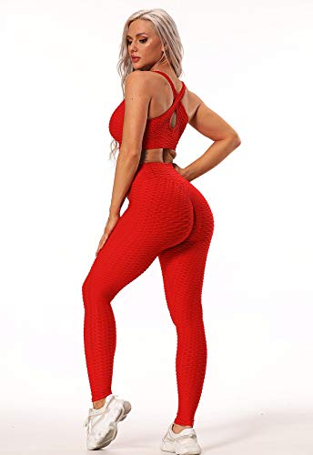 FITTOO Leggings Push Up Mujer Mallas Pantalones Deportivos Alta Cintura Elásticos Yoga Fitness Rojo S