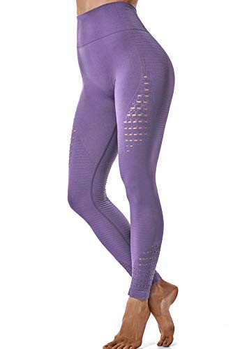 FITTOO Leggings Sin Costuras Corte de Malla Mujer Pantalon Deportivo Alta Cintura Yoga Elásticos Fitness Seamless #1 Morado Claro Medium